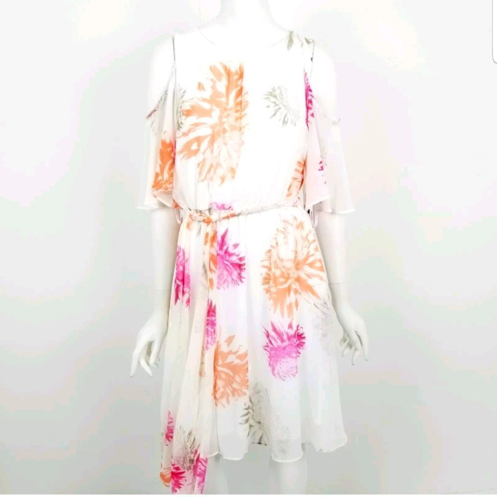 NWT Calvin Klein Womens Size 10 Orange & Pink Floral Cold Shoulder Dress Belted